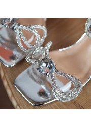 Lucyever Silver Thin High Heels Crystal Sandals Women Rhinestone Square Toe Gladiator Sandals Woman Ankle Strap Party Shoes Lady