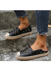 Women Fisherman Flats Casual Loafers Shoes Canvas Hemp Female 2022 Autumn New Slip-on Rivet Comfortable Mules Zapatillas Mujer