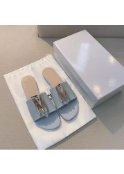 2022 summer new one word flat bottom sandals and slippers women letters metal buckle casual wear one step beach sandals