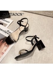 2022 Fashion Summer Thick Heels Sandals Women Ankle Strap Square Toe Sandals Crystal Women Sandals Zapatos De Mujer