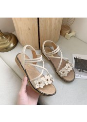 2021 summer ladies pink suede rhinestone flower elastic band platform sandals women ankle strap peep toe flat shoes size 35-39