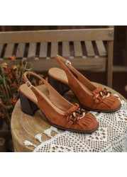 Meotina Slingback أحذية النساء جلد طبيعي حذاء حريمي كعب عالي مشبك سلسلة شرابة أحذية كريستال كعب سميك أحذية السيدات 40