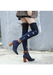 Rimocy Women Sexy Skinny Denim Boots Spring 2021 Wedge High Heel Women Boots Casola Cowboy Over The Knee Boots Botas Mujer