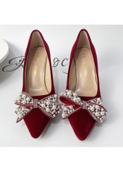 Rimocy Sexy Red Velvet Wedding Shoes for Women 2022 Luxury Pearl Bowknot Pointed Toe Pumps Woman Stiletto High Heel Dress