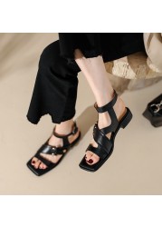 Real Leather Gladiator Women Sandals Square Heels Metal Decoration Classic Retro Buckle Strap Ladies Summer New Open Toe Shoes