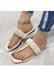 Lucyever 2022 Summer Clip Toe Flat Slippers Women Pleated Pu Leather Square Toe Sandals Woman Solid Outdoor Flip Flops Mujer 43