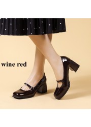 Lucifer Office Ankle Strap Mary Janes Women 2022 Spring New Fashion Square Toe Pumps Woman Black Wine Red Non-slip Casual Shoes