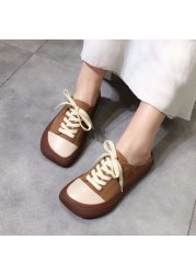 Half slippers women 2021 spring and summer new cool slippers contrast color retro handmade square lace up soft-soled shoes