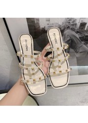 Summer 2021 New Slippers Women Rivet Sandals Women Square Toe Slippers Open Toe Shoes Fashion Shoes For Women Sexy High Heels