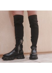 Autumn Winter Platform Leather Over-the-Knee Boots Women Plus Size Stretch Boots Punk Boots Sexy Black High Boots Breathable