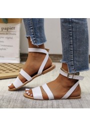 Rimocy Plus Size Ankle Strap Flat Sandals Women Summer Black PU Leather Beach Shoes Woman Comfortable Soft Sole Casual Sandalias