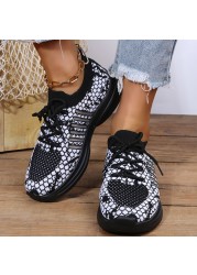 Lucyever Breathable Mesh Sneakers for Women Snake Pattern Lace Up Vulcanized Shoes Woman 2022 Comfty Non Slip Tenis Shoes 44