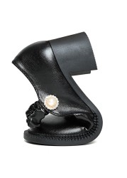 Lucifer Black Elastic Ankle Strap Pumps Women Pearl Thick High Heel Mary Janes Woman Soft Slip-on PU Leather Women's Shoes