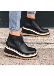 Plus size 43 wedge heel ankle boots women 2021 autumn and winter new flat side zipper leather boots women botas de mujer