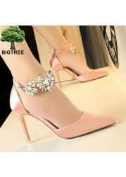 BIGTREE Shoes Women Rhinestone High Heels Woman Pumps Stiletto Silk Satin Women Heels Shoes Ladies Wedding Shoes Women Sandals