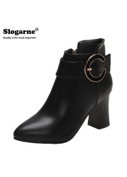 Women High Heels Short Boots Female Spring Autumn Ankle Boots Side Zippers Woman Soft Leather Shoes Waterproof Pumps Thick Heel