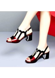 Soft leather sandals comfortable women's shoes ins chunky mid heel women summer new all-match peep toe woman sandal