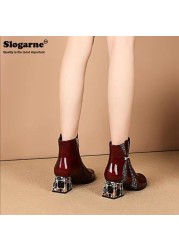 Women's shoes modern diamond high heels spring autumn patent leather waterproof female short ankle boots winter shoes party pump