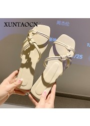 2022 Slippers women summer  Korean version new square-toe flat-heel candy color fashion outer wear sandals slippers