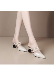 New Patent Leather Pointed Rhinestone Chain Bead Women Slippers Breathable Comfort High Heel Baotou Wearable Zapatos Mujer