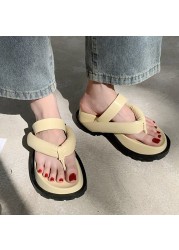 Rimocy Women's Platform Chunky Flip Flops Thick Quilt Summer 2022 PU Leather Flip Flops Woman Clip Toe Mid Heel Sandals Slides