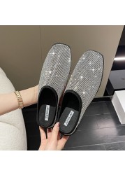 rhinestone pumps bling square toe black mules new casual slippers stirrup women shoes fashion half drag lazy loafers women heels