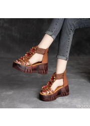 Women Sandals Retro 2022 New Real PU Leather Women Sandals Summer Platform Flat Shoes Sandal Women Leather Gladiator Sandals