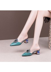 MEMUNIA 2022 New Arrival Genuine Leather Sandals Woman Pointed Toe Solid Med Heels Shoes Fashion Summer Ladies Shoes