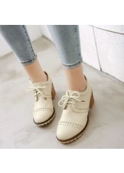 REAVE CAT Women Pumps Brogue Oxfords Round Toe Block Heels Lace-up Retro Big Size 34-43 Solid White Black Spring Casual S3620