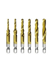 1-6pcs M3 M4 M5 M6 M8 M10 Tap Drill Bits 1/4 Hex Shank Machine Hand Taps Titanium Coated HSS Drill Tap Bits Threaded Screw Tools