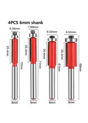 4pcs 6mm Shank 1/2" Flush Trimming Router Bit with Bearing for Wood Tungsten Carbide Milling Wood Cutting Machine Woodworking Tools