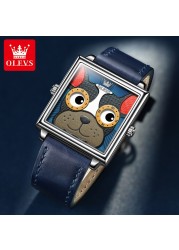 OLEVS Square Trendy Corium Strap Women Wristwatches Quartz Fashion Waterproof Watches for Women Cartoon Dog Watch