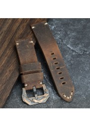 Handmade Crazy Horse Leather Watchband 20 22 24 26mm Brown Calfskin Leather Strap with Bronze Buckle for PAM111 441