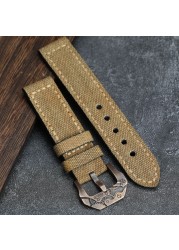 Handmade Canvas + Leather Watchband 20 22 24 26mm Compatible Bronze Strap Personalized Bronze Buckle