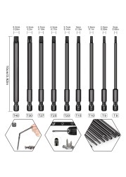 9PCS 100mm Steel Torx Hollow Screwdriver Bits Tool Set 1/4 Hex Torx Socket Set Handle Tools Electric Screw Driver Set