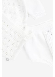 The Little Tailor 3 Piece White Knitted Baby Cardigan, Bonnet, Bloomers Set