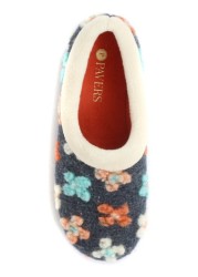 Pavers Blue Ladies Full Slippers with Flower Embellishment