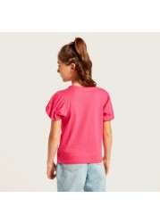 Sanrio Barbie Print Round Neck T-shirt with Balloon Sleeves