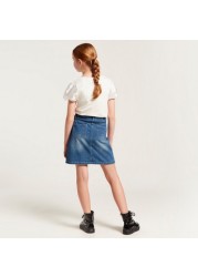 Hello Kitty Embroidered Denim Skirt with Pockets and Button Closure