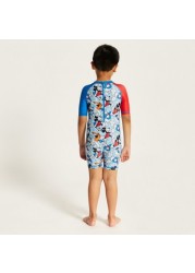 Disney Mickey Mouse Print Swimsuit with Short Sleeves and Zip Closure