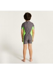 Juniors Printed Swimsuit with Short Sleeves and Zip Closure