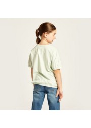 Juniors Round Neck Printed Top with Short Sleeves and Embellished Detail