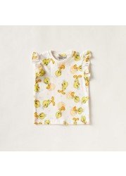 Tweety Print Crew Neck T-shirt with Ruffled Sleeves - Set of 2