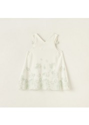 Giggles Printed Sleeveless Dress with Bow Accent and Lace Detail