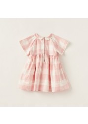 Giggles Checked A-line Dress with Cap Sleeves and Lace Detail