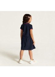 Juniors Solid Dress with Short Sleeves and  Piping Detail