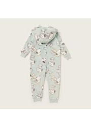 All-Over Snoopy Print Hooded Onesie with Long Sleeves and Zip Closure