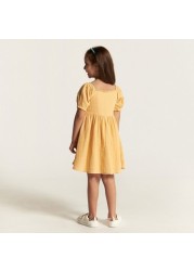 Checked Square Neck A-line Dress with Short Sleeves