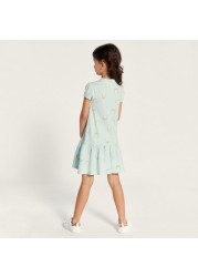 Juniors Printed Polo Dress with Cap Sleeves and Button Closure