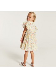 Juniors Floral Print Dress with Round Neck and Flutter Sleeves